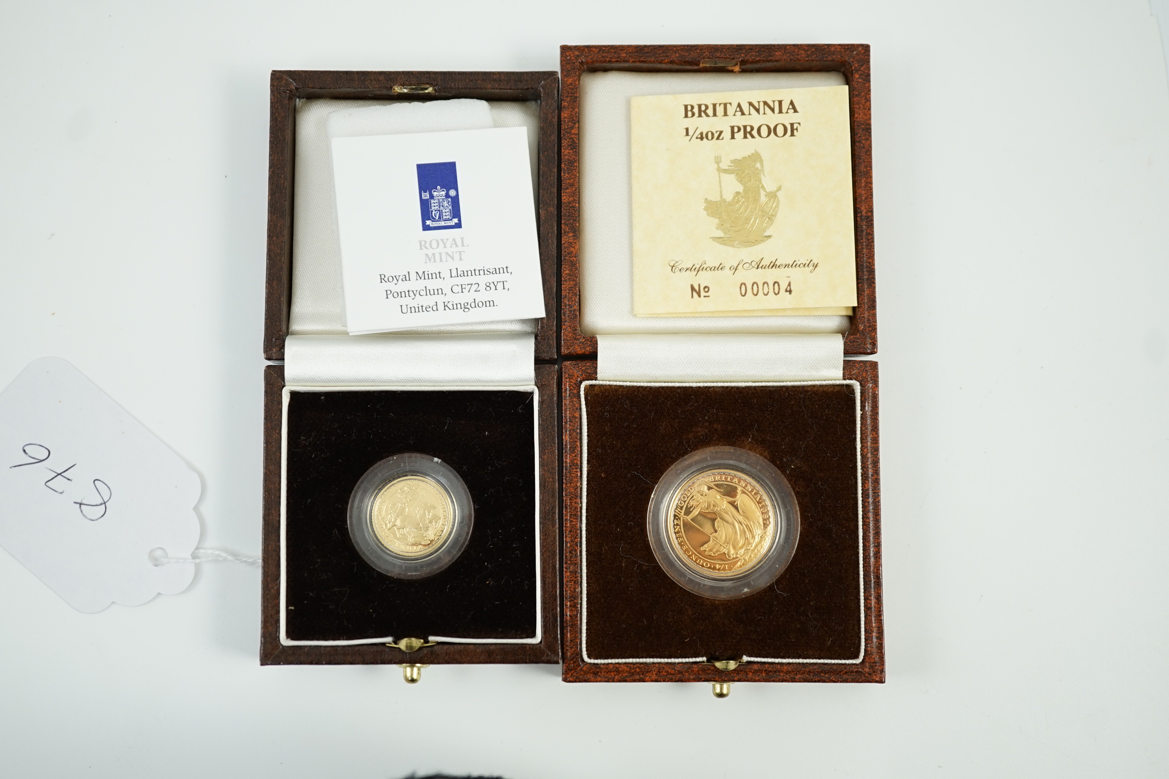 Elizabeth II (1952-2022), Royal mint gold proof Britannia £10, 1997 and gold proof Britannia quarter oz. £25, 1987, both cased